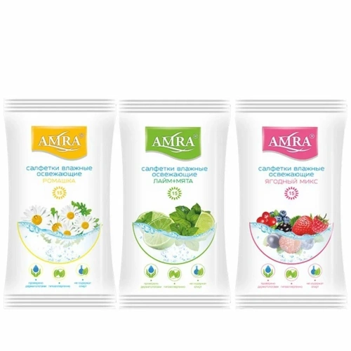 AMRA салфетки влажные освежающие лайм с мятой/ягодный микс/ромашка 15шт