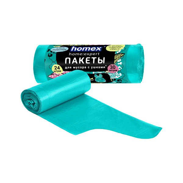 Пакеты д/мусора 30л 24шт с ушками бирюзовые ароматизированные HOMEX