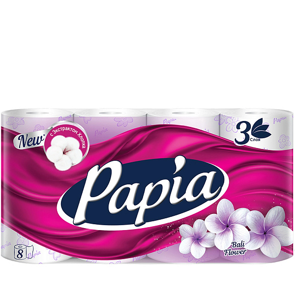 PAPIA бумага туалетная балийский цветок с рисунком 3сл. 8рулонов