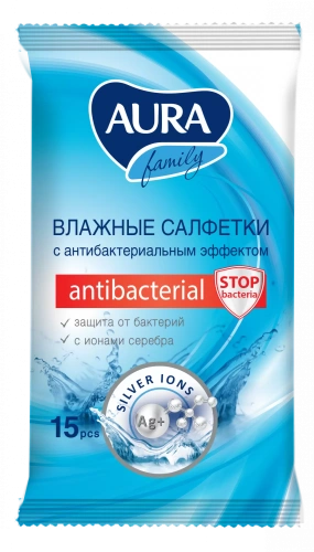 AURA салфетки влажные c антибактериальным эффектом family 15шт