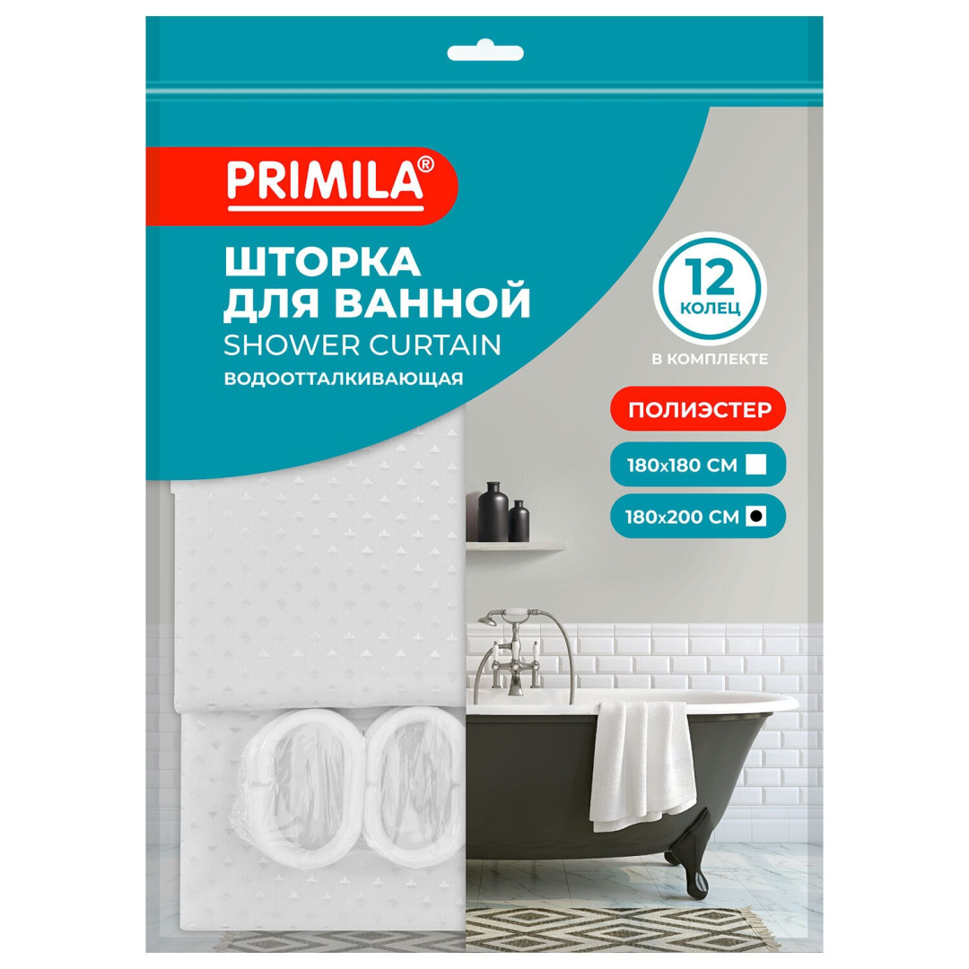 PRIMILA шторка для ванной белый бриллиант полиэстер кольца в комплекте 180*200см